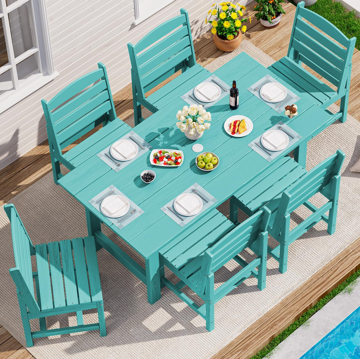 SERWALL 7 Pcs Outdoor Dining Set, 67" HDPE Dining Set for 6, Black