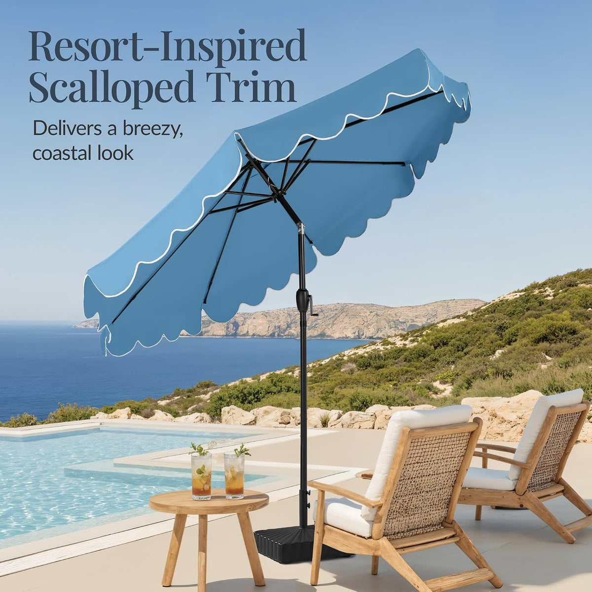 Best Choice Products 9ft Patio Market Umbrella with Scallop Trim, UV-Fade-Resistant 210g Canopy, Crank & Tilt, Wind Vent, Heavy-Duty Frame - Sky Blue