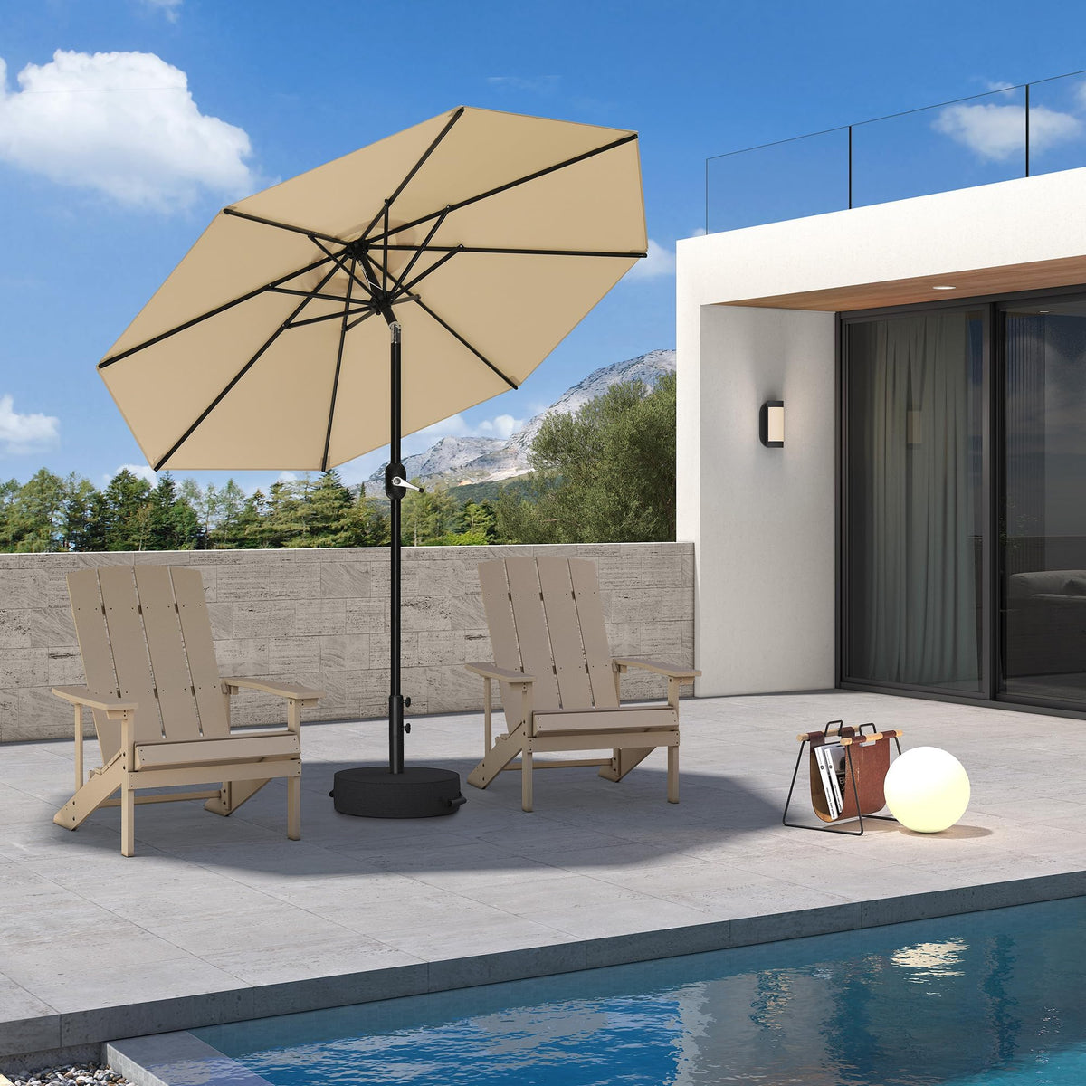PURPLE LEAF Pool Market Umbrella with Base 9' UV Protection Outdoor, Beige