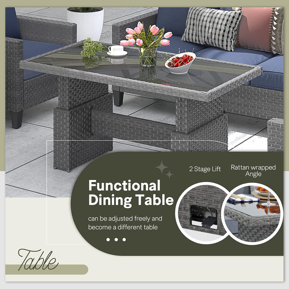 SUNSITT Outdoor Patio Lift Top Table Adjustable Height Wicker Dining Table