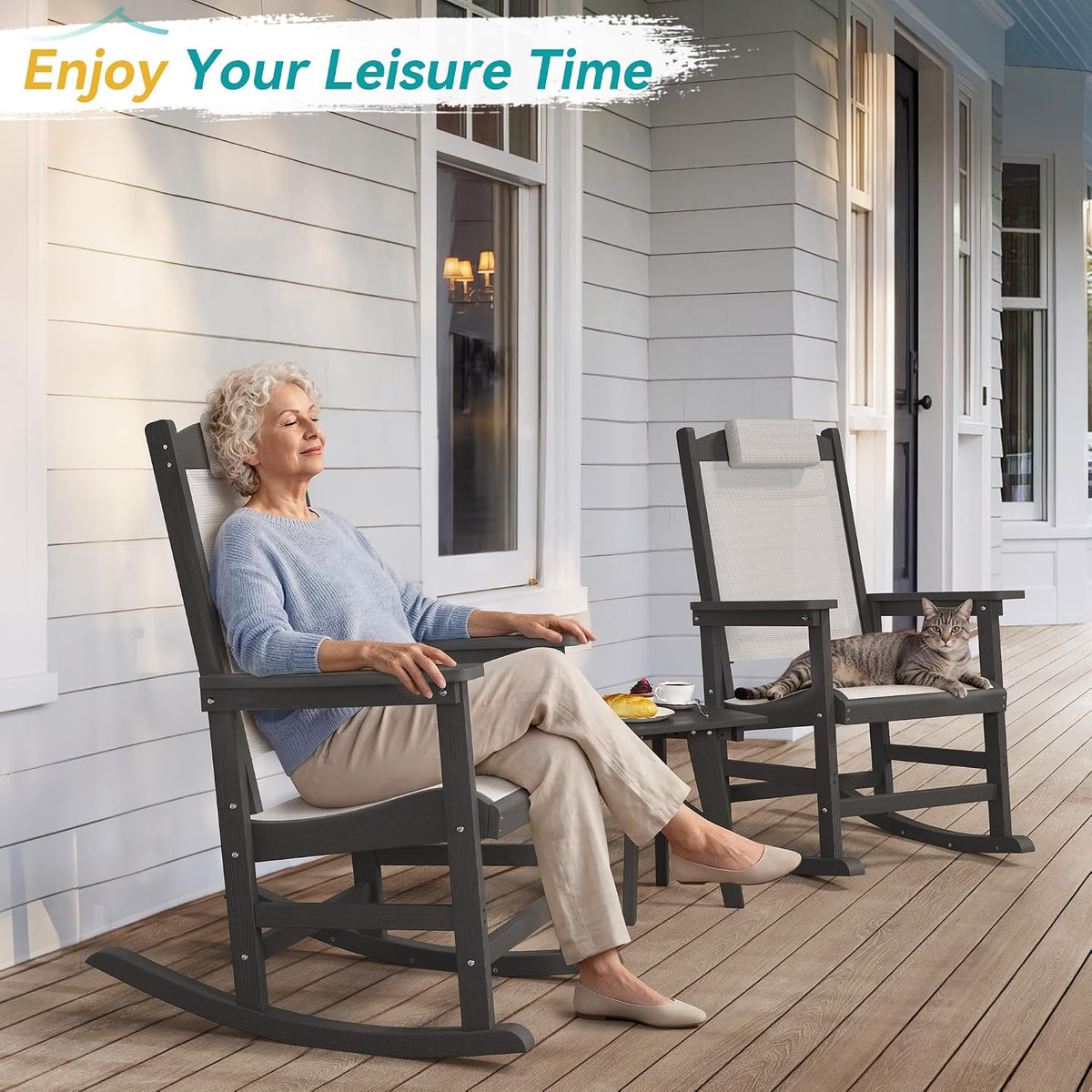 Outdoor Rocking Chair Set of 2 with Removable Headrest, HDPE All-Weather Rocker with Breathable Textilene, Patio Rocking Chairs for Adult, High Back Smooth for Porch, Garden, Lawn, Black