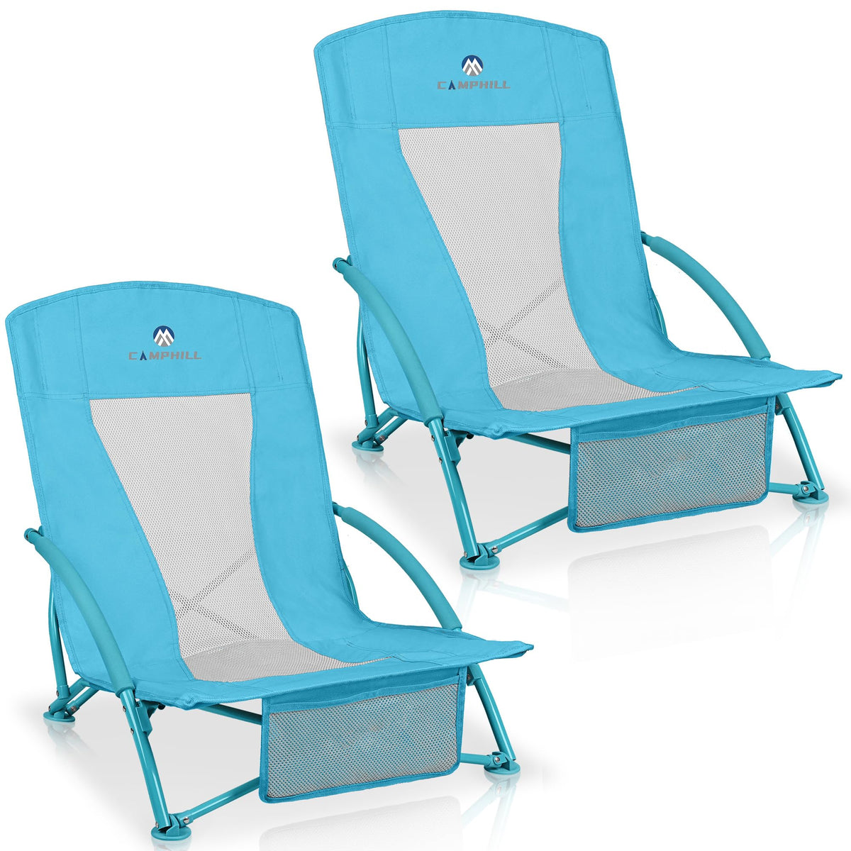 Beach Chairs for Adults 2 Pack,Heavy Duty Folding Low Back Camping Chairs w/Cooler Bag,Mesh Back,Cup Holder & Storage Bag,Compact Sling Chair for Lawn,Picnic,Travel,Orange Strip