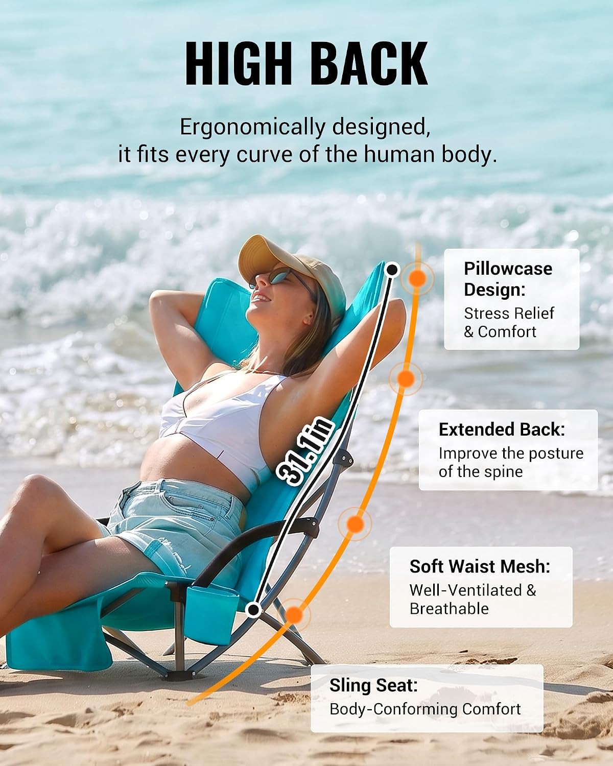 KingCamp Low Beach Chairs 2 Pack, Folding Portable High Back Chair