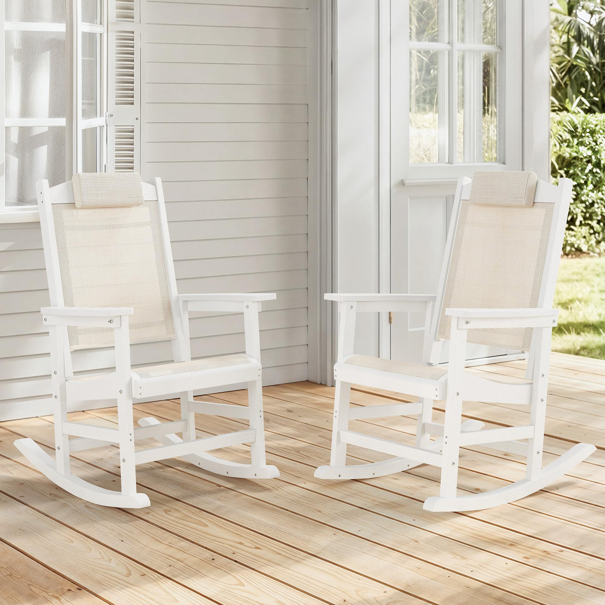 Outdoor Rocking Chair Set of 2 with Removable Headrest, HDPE All-Weather Rocker with Breathable Textilene, Patio Rocking Chairs for Adult, High Back Smooth for Porch, Garden, Lawn, Black