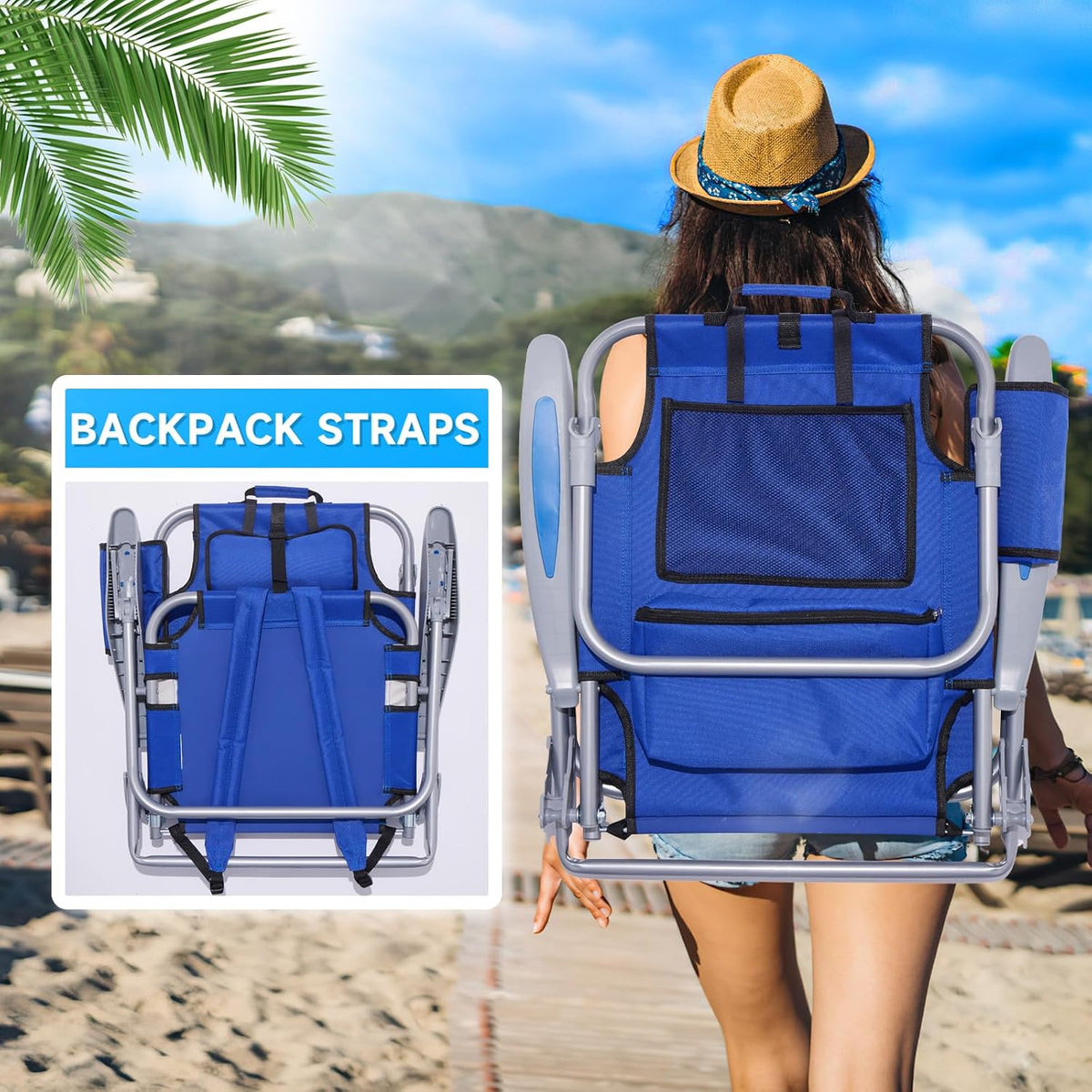 Portable Beach Chair for Adults, Outdoor Camping Chair Lay Flat Folding Backpack Beach Reclining Chair with 5 Positions, Headrest, Zipper Pouch, Cup Holder, Blue