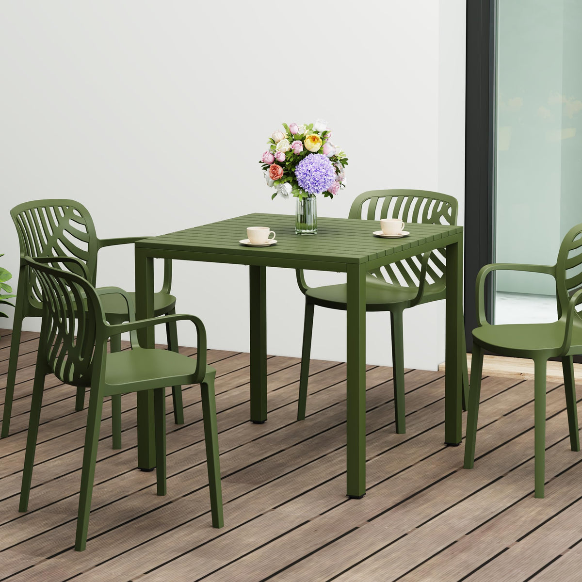 Costaelm Outdoor Dining Table for 6, Rectangular Metal Patio Table, 6-Person Weather Resistant Steel Slat Table for Lawn Garden Backyard, Olive Green