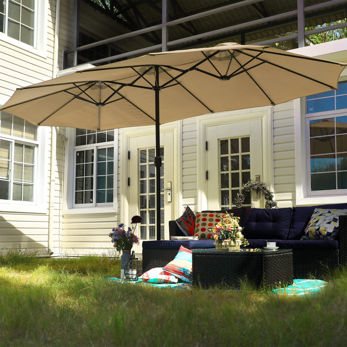 PHI VILLA 15ft Large Outdoor Patio Umbrella with Base Included, Beige