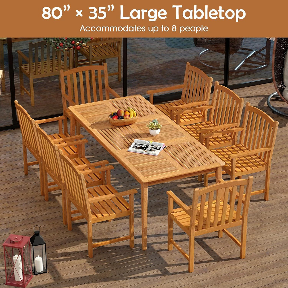 RELAX4LIFE Wooden Outdoor Dining Table Acacia Wood Slatted Patio Table