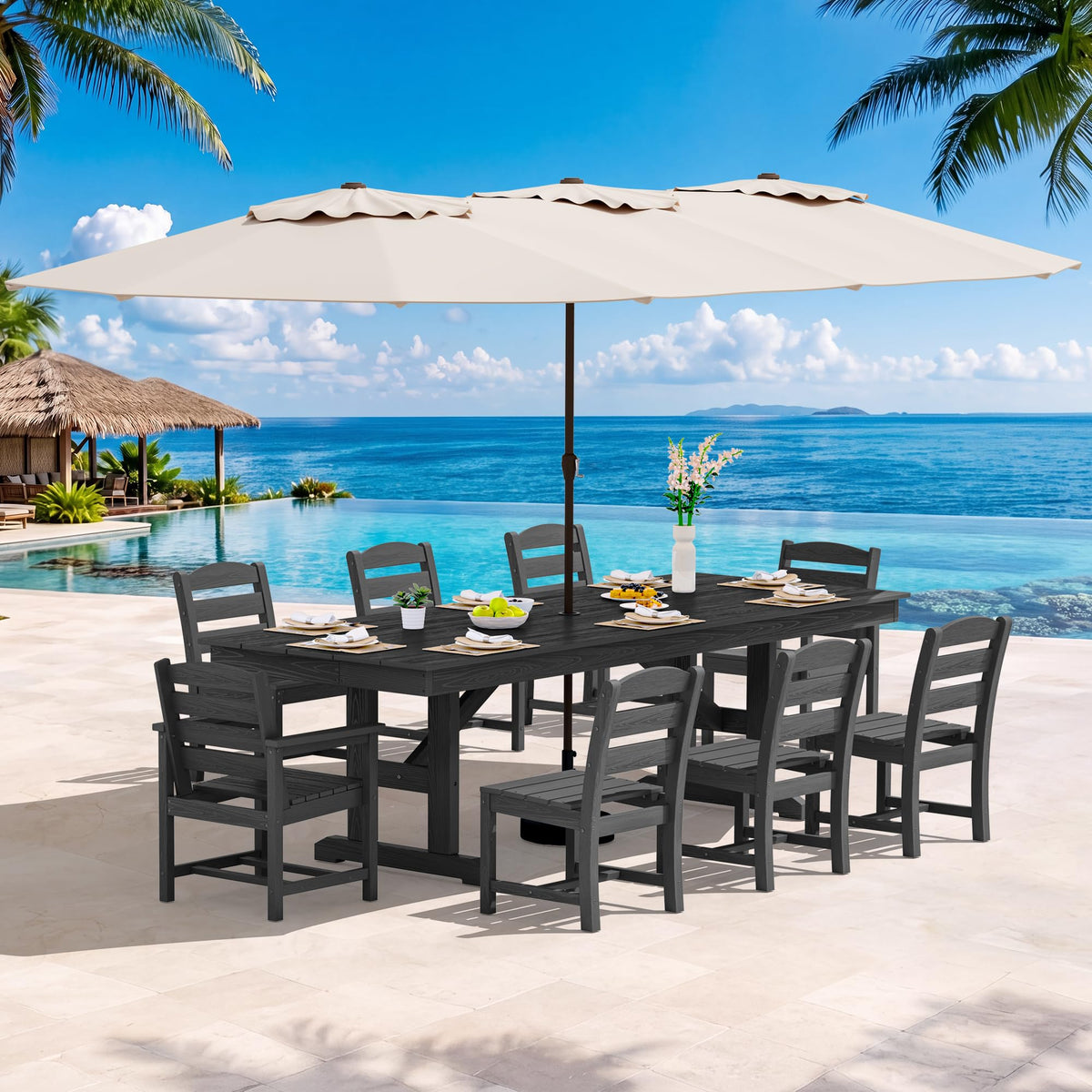 SERWALL Outdoor 84" HDPE Rectangular Dining Table for 6-8,All-Weather,Black
