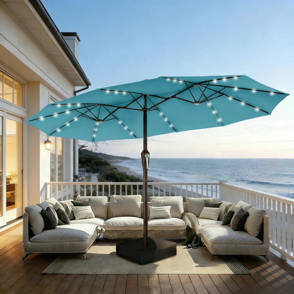 15FT Patio Umbrella with Solar Lights, Double-Sided Extra Large Outdoor Table Umbrella with Base Included, Heavy-Duty 12 Iron Ribs Market Umbrella for Garden, Pool, Backyard, Turquoise Blue