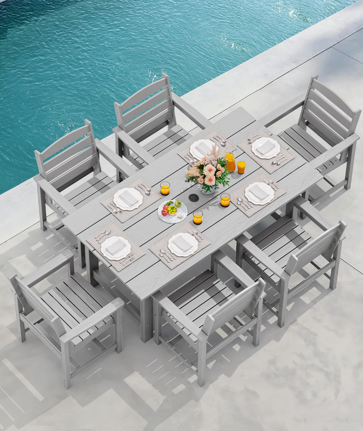 SERWALL 7 Pcs Outdoor Dining Set, 67" HDPE Dining Set for 6, Black