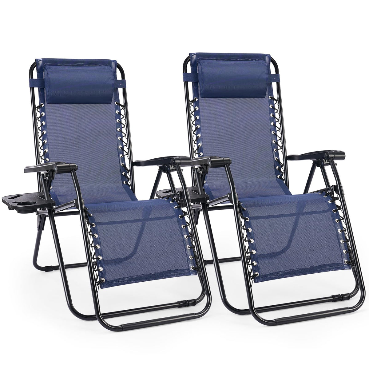 Sweetcrispy Zero Gravity Chairs Set of 2, Outdoor Folding Reclining Lounge Chair with Cup Holder Tray & Adjustable Pillow, Portable Camping Beach Patio Poolside Lawn Yard Chair, Classic Blue