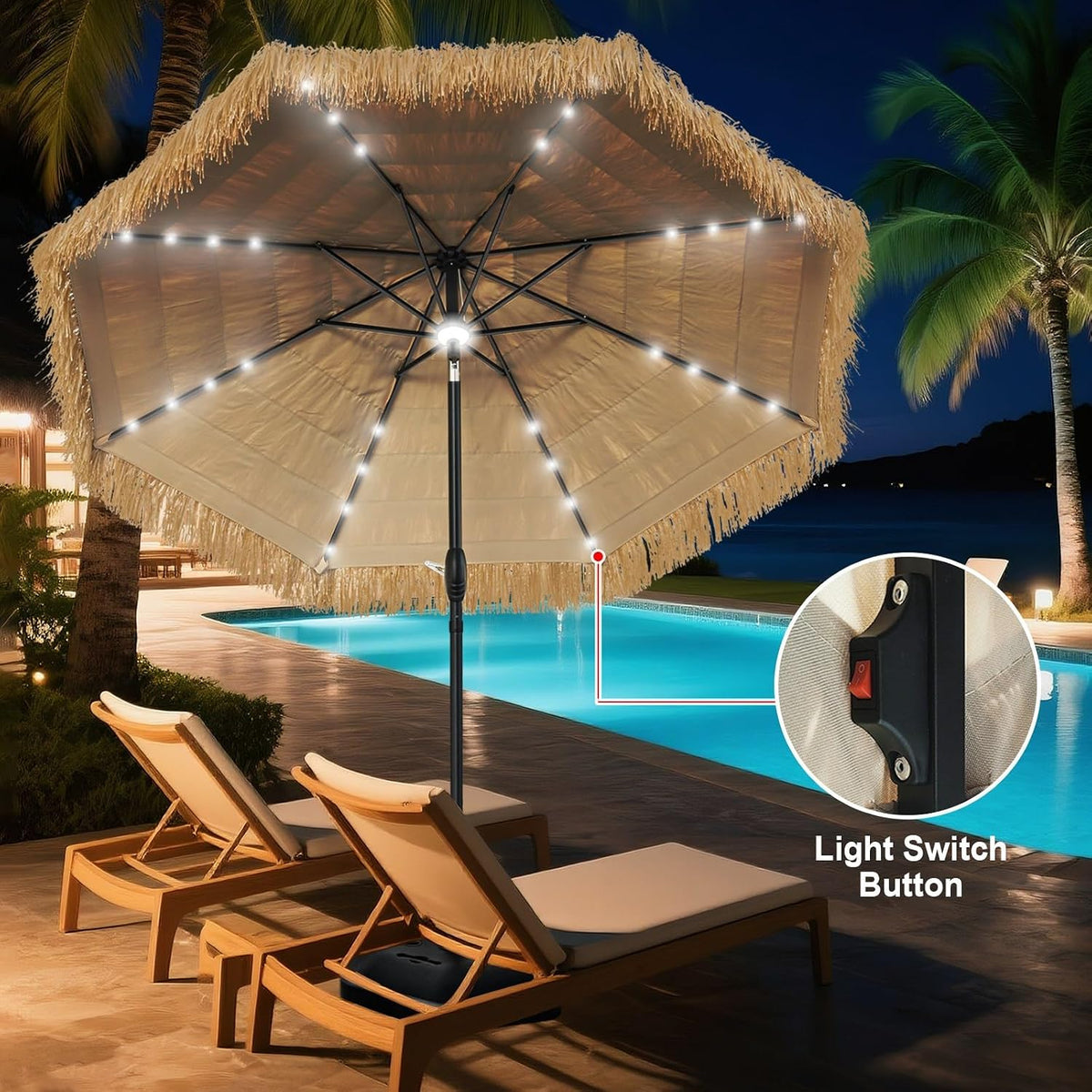 9FT Solar Tiki Thatched Umbrella With 32 LED+1 Centre Lights for Outdoor