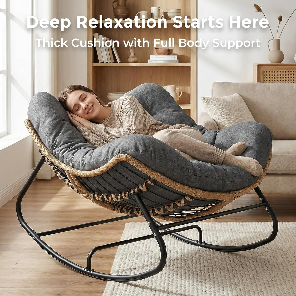 SWITTE Outdoor Rocking Papasan Chair with Thick Cushion, Dark Gray