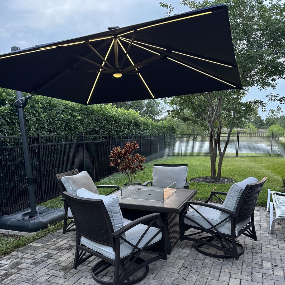 PURPLE LEAF Patio Umbrella with Base 9' x 11.5' 360° Rotation Control Beige