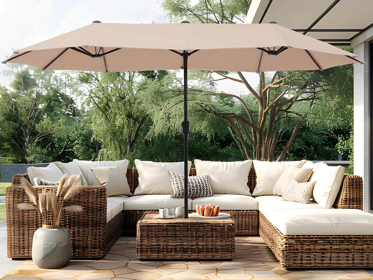 PHI VILLA 13ft Large Outdoor Patio Double-Sided Umbrella, Rectangle, Beige