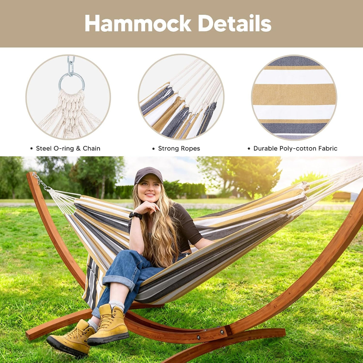 SUNCREAT Freestanding Hammock with 10 ft Wooden Stand Included, Coffee