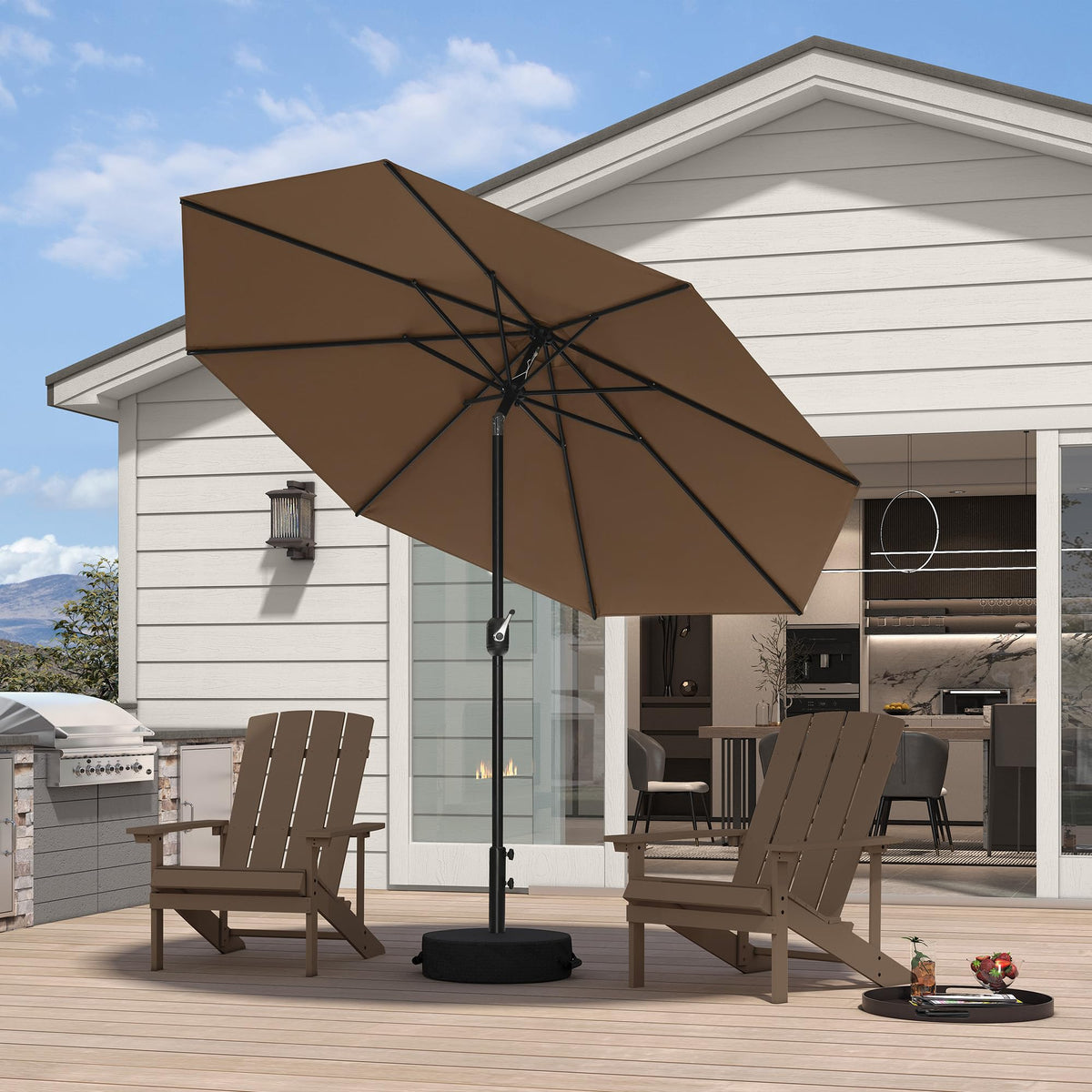 PURPLE LEAF Pool Market Umbrella with Base 9' UV Protection Outdoor, Beige