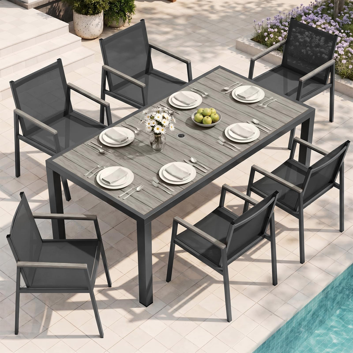 Outdoor Dining Set, 7 Piece Aluminum Patio Table and Chairs Set, All Weather Patio Dining Furniture Set with Umbrella Hole for Backyard, Deck, Poolside (Gray-Teak)