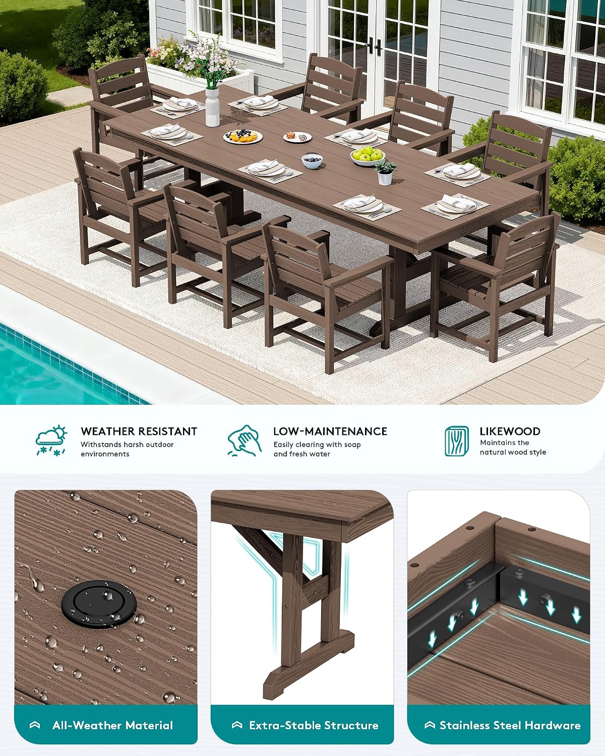 SERWALL Outdoor 84" HDPE Rectangular Dining Table for 6-8,All-Weather,Brown
