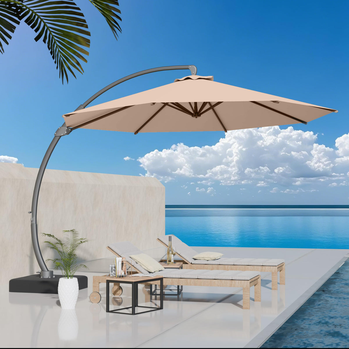 Kingdura 11ft Offset Cantilever Patio Umbrella with Base Included, Large Round Aluminum Outdoor Umbrella, 360° Rotation & Infinite Tilt, Heavy Duty Frame for Deck Pool Backyard, Beige