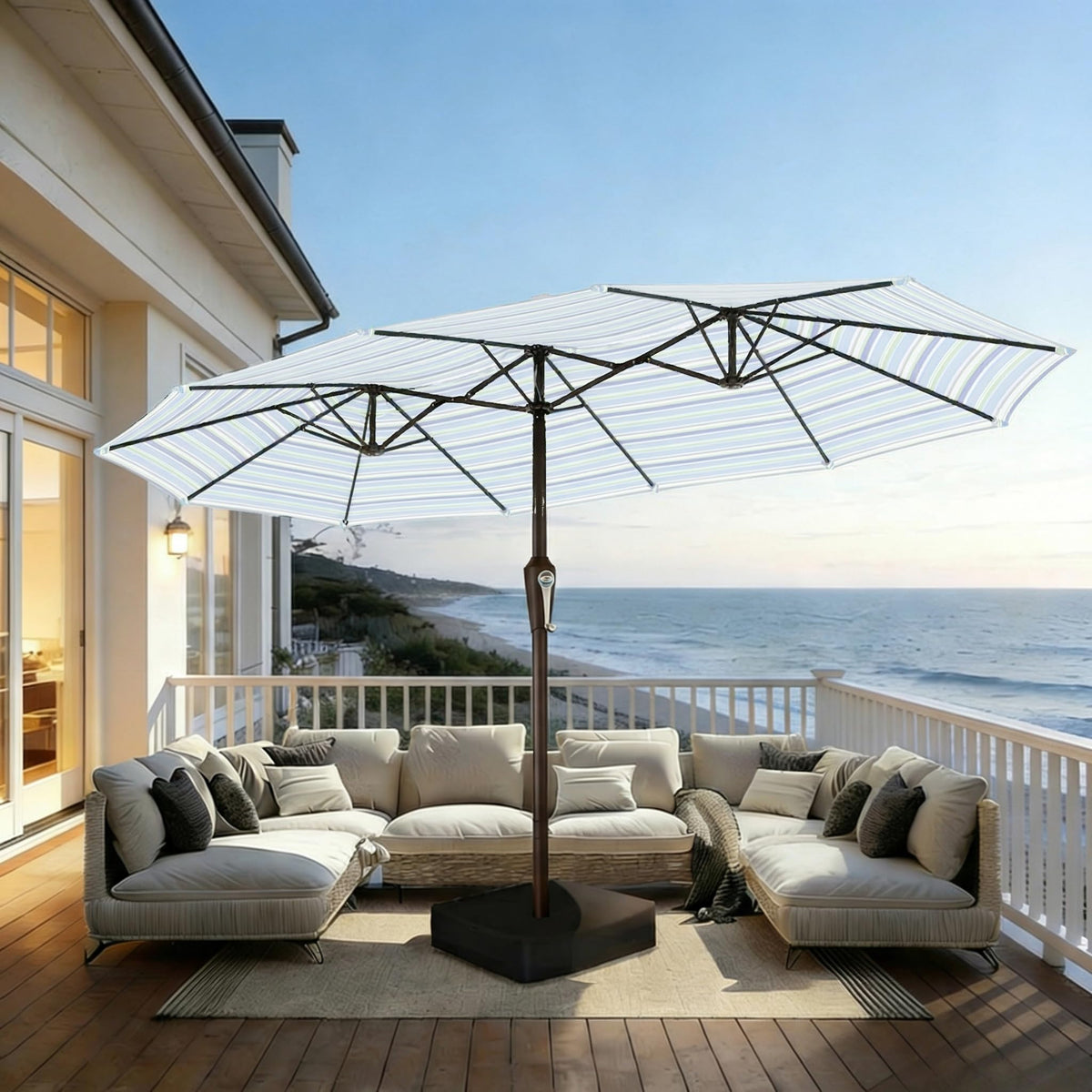 15FT Patio Umbrella with Solar Lights, Double-Sided Extra Large Outdoor Table Umbrella with Base Included, Heavy-Duty 12 Iron Ribs Market Umbrella for Garden, Pool, Backyard, Turquoise Blue