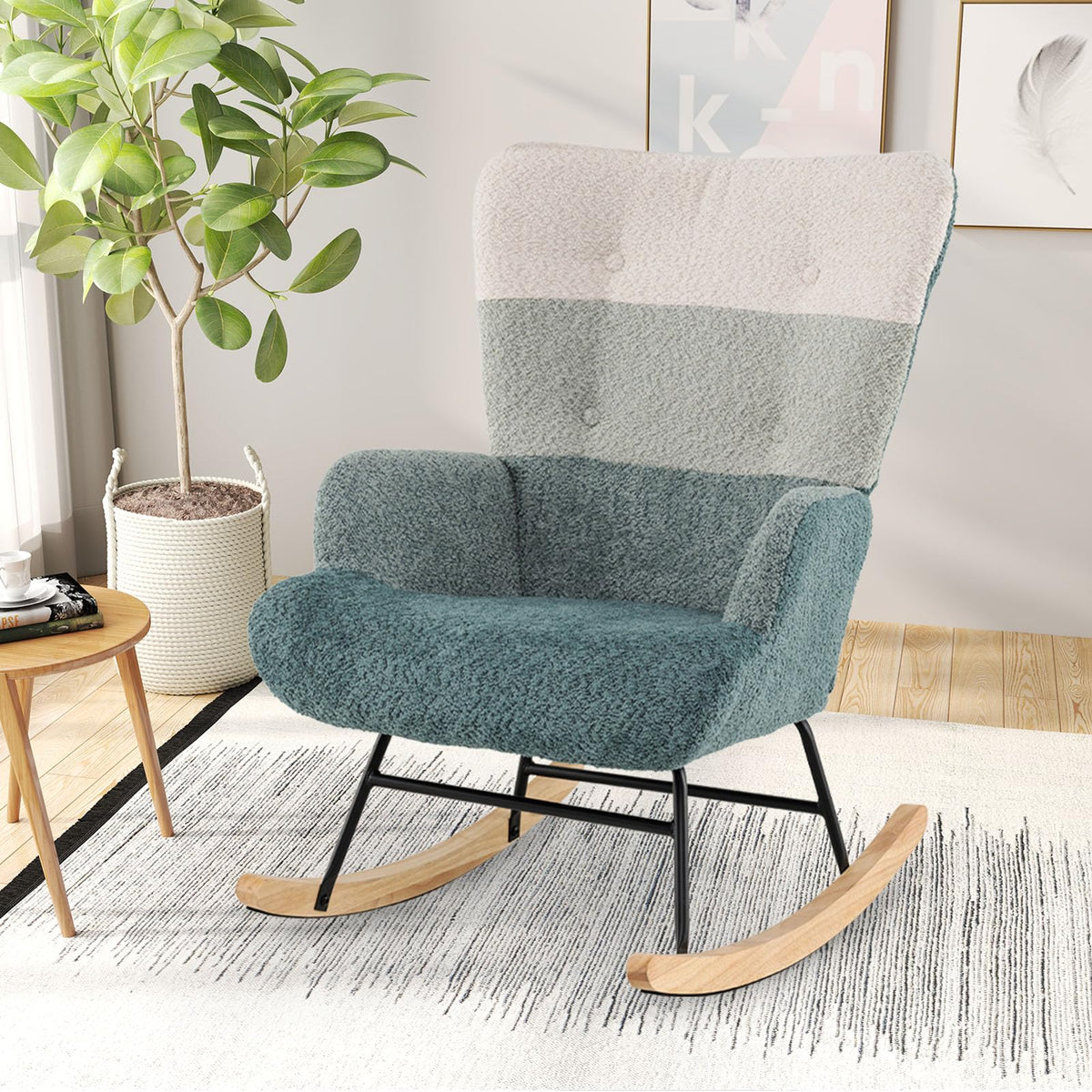 Giantex Rocking Chair Nursery, Boucle Upholstered Glider Rocker w/Ergonomic High Backrest, Rubber Wood Legs & Side Pocket, Patchwork Modern Accent Chair for Bedroom, Living Room, Offices