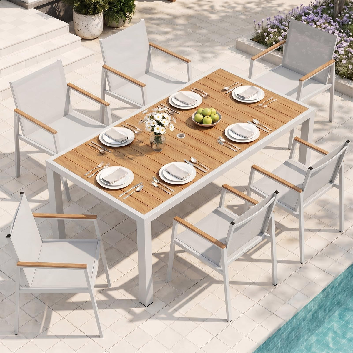 Outdoor Dining Set, 7 Piece Aluminum Patio Table and Chairs Set, All Weather Patio Dining Furniture Set with Umbrella Hole for Backyard, Deck, Poolside (Gray-Teak)