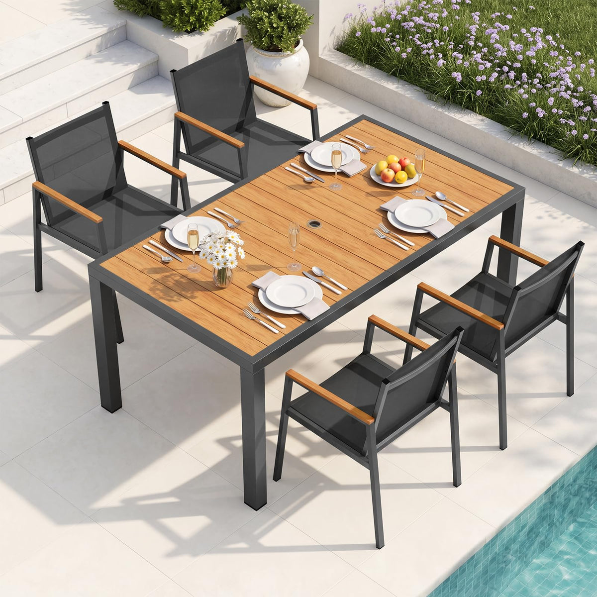 Outdoor Dining Set, 7 Piece Aluminum Patio Table and Chairs Set, All Weather Patio Dining Furniture Set with Umbrella Hole for Backyard, Deck, Poolside (Gray-Teak)