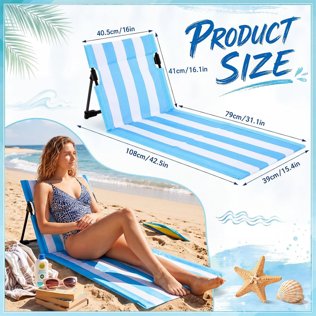 2 Pcs Foldable Beach Pool Chairs Portable Folding Adjustable Sun Chairs Poolside Seat for Edge of Pool for Beach Camping Picnic Lawn, 16 x 31 x 15.3 Inches, Sky Blue