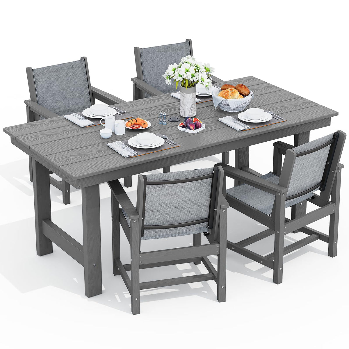 SERWALL 7 Pcs Outdoor Dining Set, 67" HDPE Dining Set for 6, Black