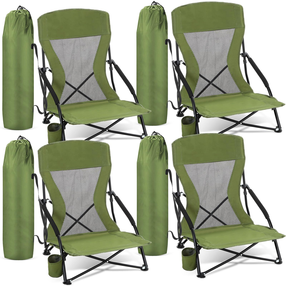 Menkxi 2 Pack Low Beach Chairs for Adults, Portable Folding Sand Chairs with Cup Holder and Carry Bag, Lightweight High Back Camping Chair for Beach Trips, Concerts, BBQ, Lawn, Outdoor (Army Green)