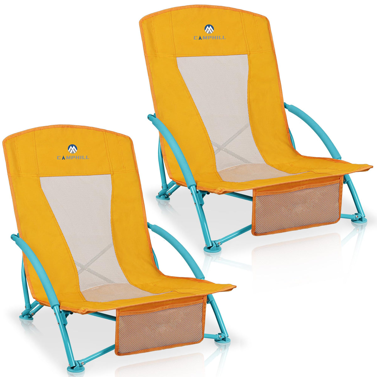 Beach Chairs for Adults 2 Pack,Heavy Duty Folding Low Back Camping Chairs w/Cooler Bag,Mesh Back,Cup Holder & Storage Bag,Compact Sling Chair for Lawn,Picnic,Travel,Orange Strip