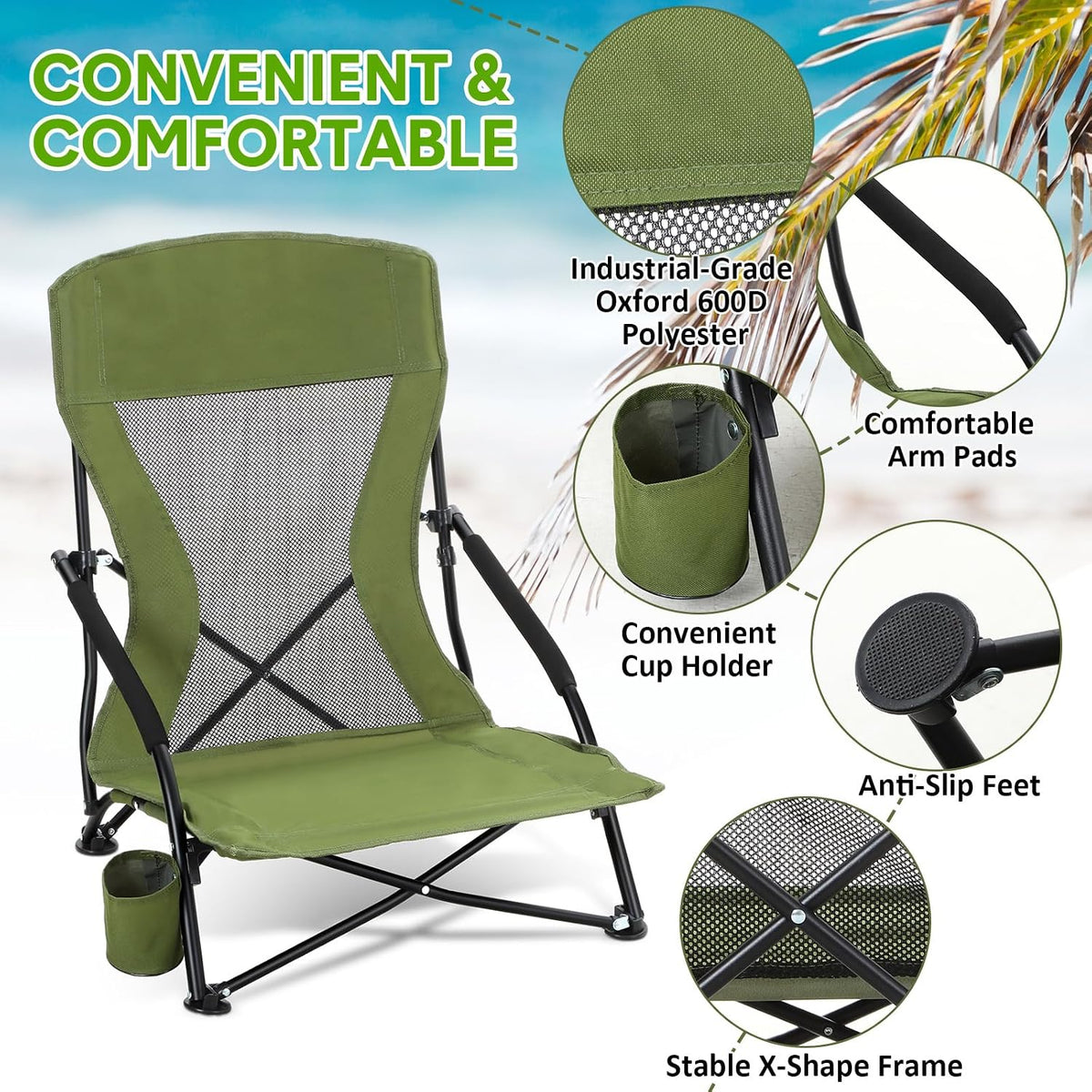 Menkxi 2 Pack Low Beach Chairs for Adults, Portable Folding Sand Chairs with Cup Holder and Carry Bag, Lightweight High Back Camping Chair for Beach Trips, Concerts, BBQ, Lawn, Outdoor (Army Green)