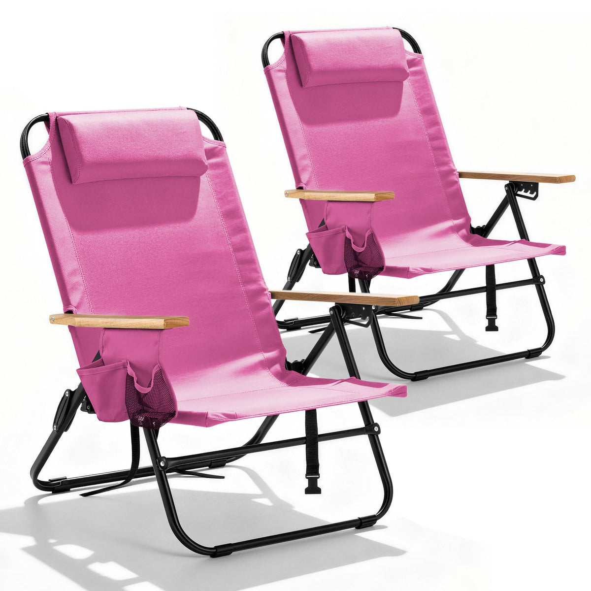 2 Pack Premium 5-Position Reclining Camping Chair - Portable Folding Lightweight Outdoor Chair with Wooden Armrests, Headrest & Pockets, 350lbs Heavy Duty for Beach, Patio, Backyard, Black