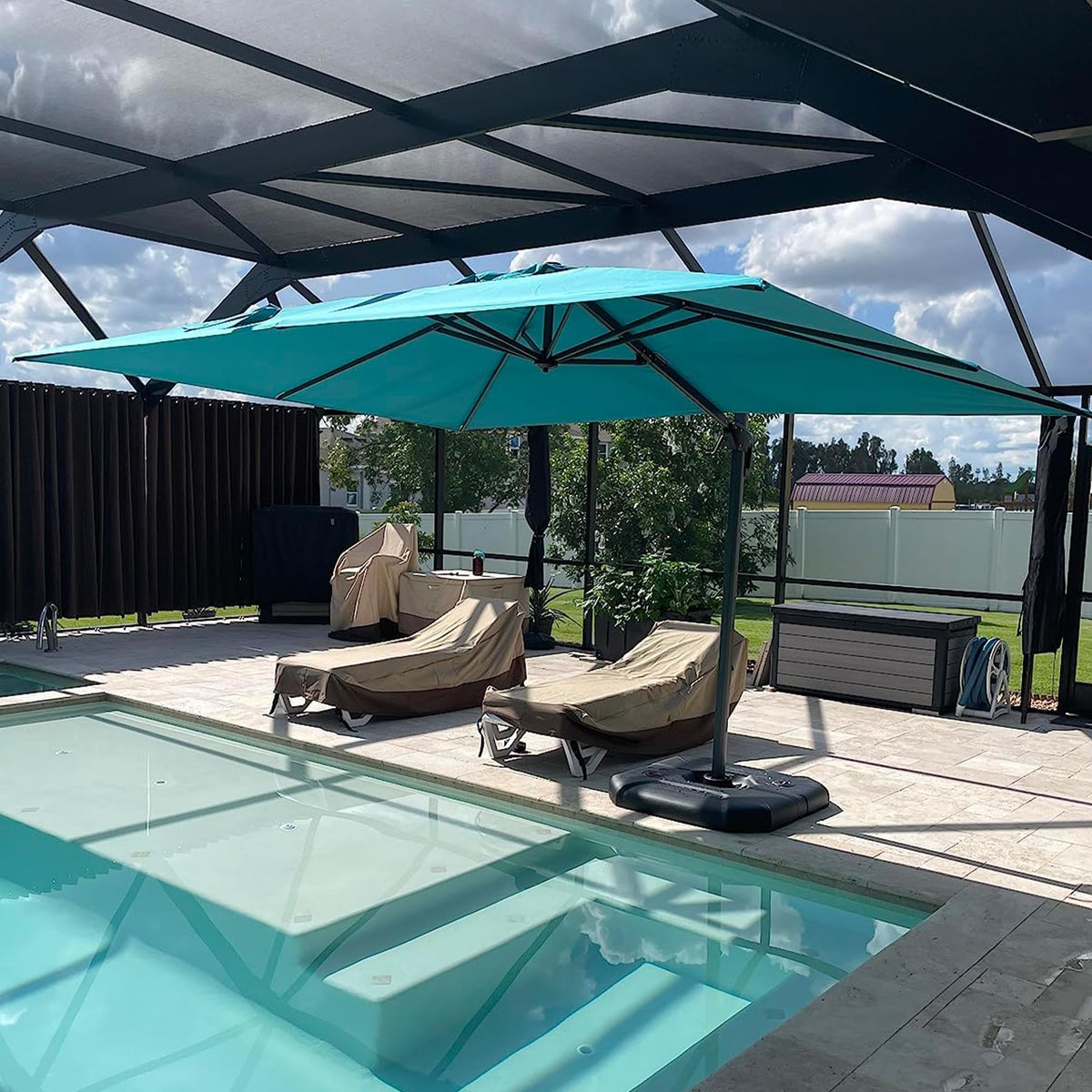 PURPLE LEAF Patio Umbrella with Base 9' x 11.5' 360° Rotation Control Beige