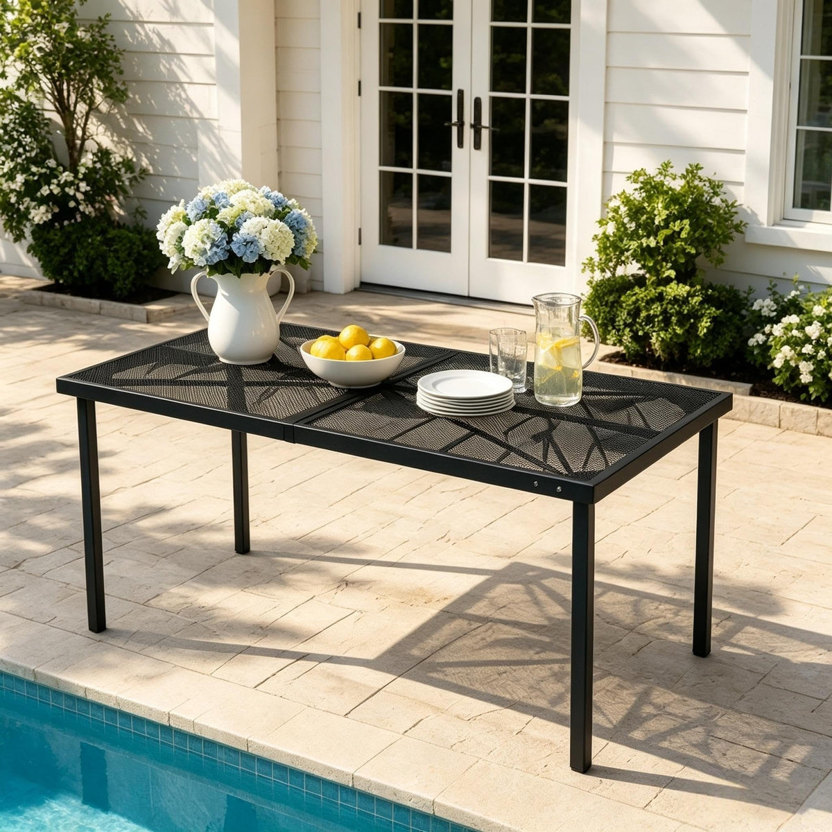 42" Round Patio Dining Table for 4, All-Weather Metal Patio Table with Umbrella Hole, Outdoor Round Dining Table for Lawn Garden Porch, Honey Oak