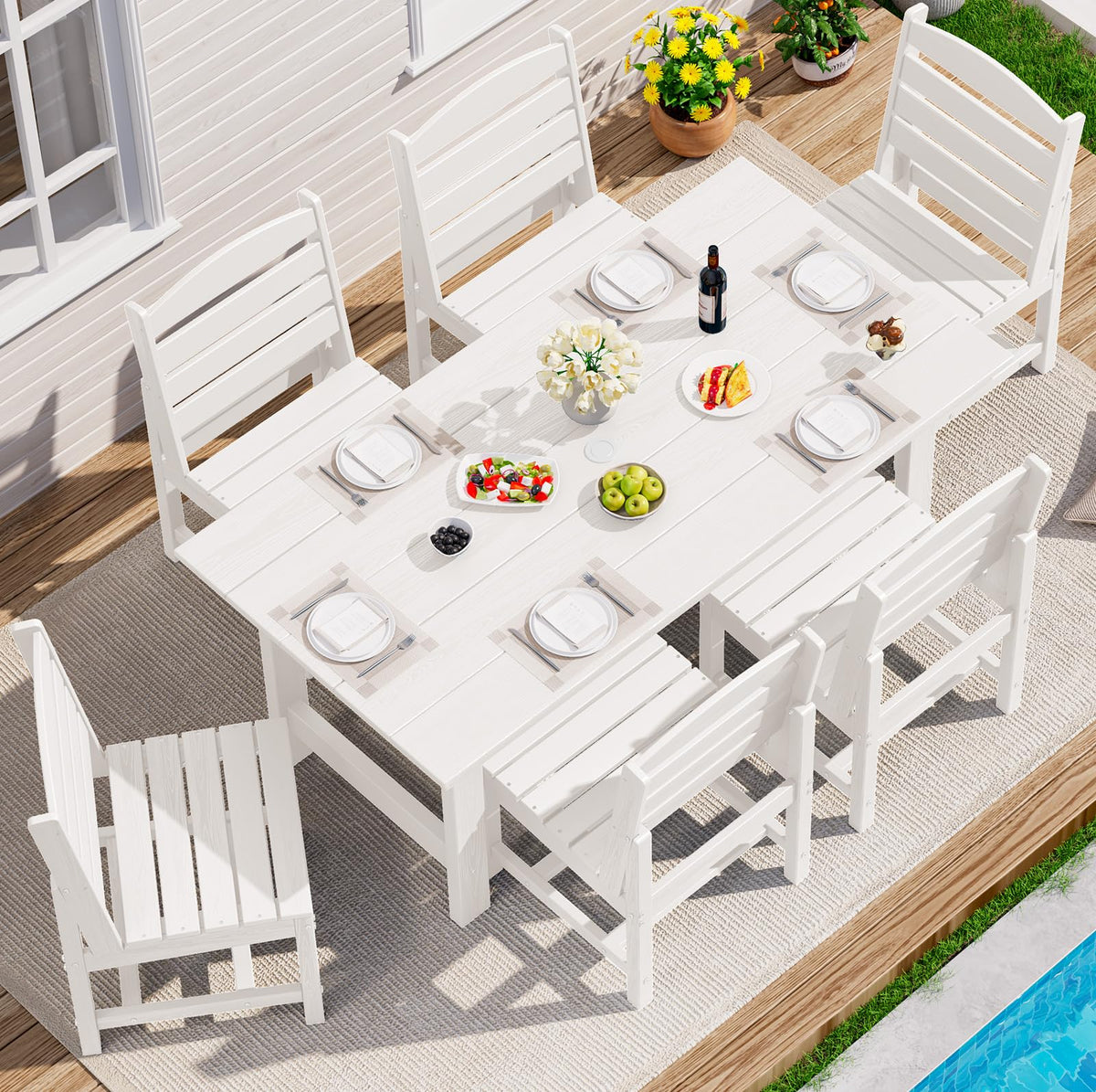 SERWALL 7 Pcs Outdoor Dining Set, 67" HDPE Dining Set for 6, Black