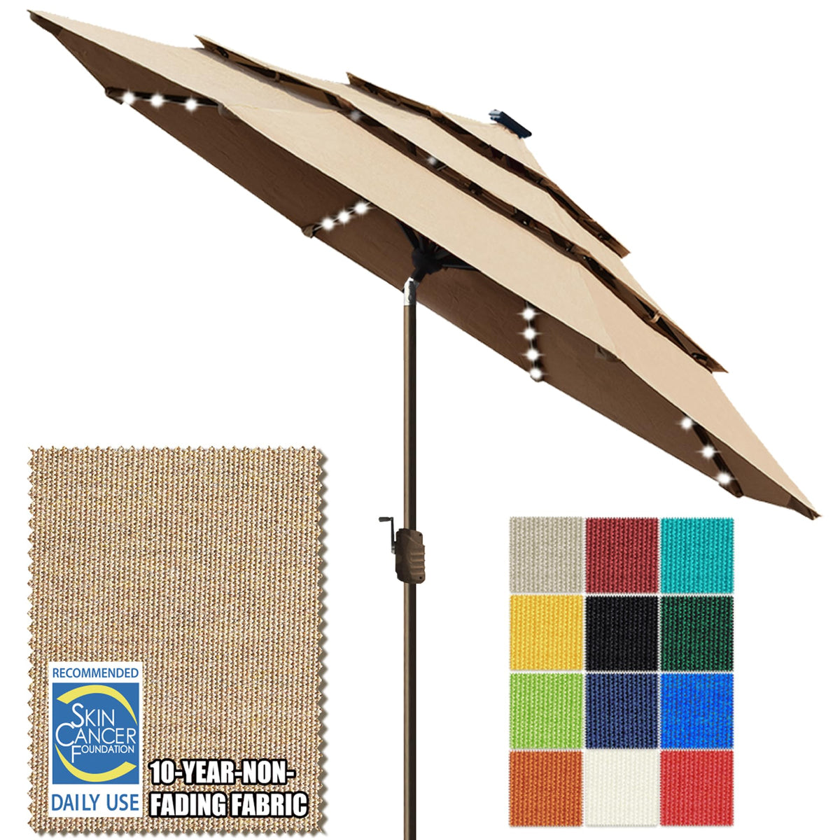 EliteShade USA 10-Year-Non-Fading 9ft 3-Tier Market Patio Umbrella, Commercial Table Umbrella with 80 Solar LED Lights, Crank Open, Windproof & UPF 50+ UV Protection for Garden, Deck, Pool, Backyard, Heather Beige