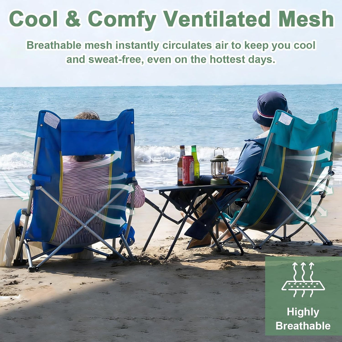 Romswi High Back Beach Chair, Compact Lightweight Low Seat Camping Chair, Fits in Suitcase, 300lbs Heavy Duty Oversized Backpack Chair with Cup Holder & Storage Bag, Green