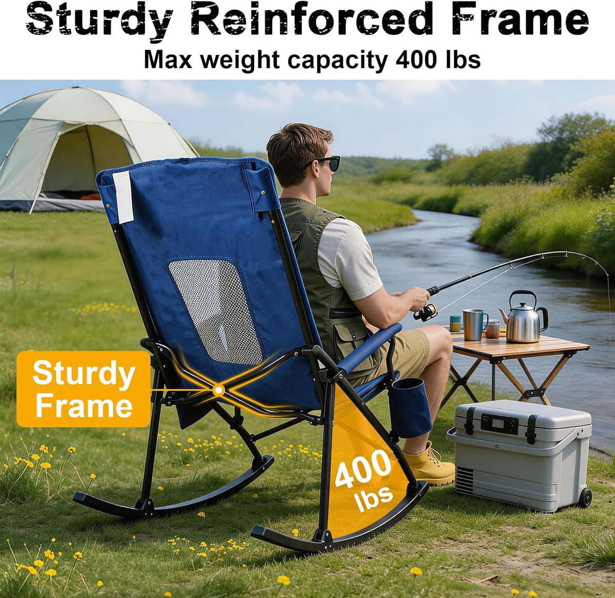 Romswi 2 Pack Rocking Camping Chair for Adult 400LBS Capacity, Heavy Duty Folding Rocking Chairs, Portable Outdoor Rocker with High Back & Hard Armrests for Camping, Beach, Patio, Backyard, Mesh Blue