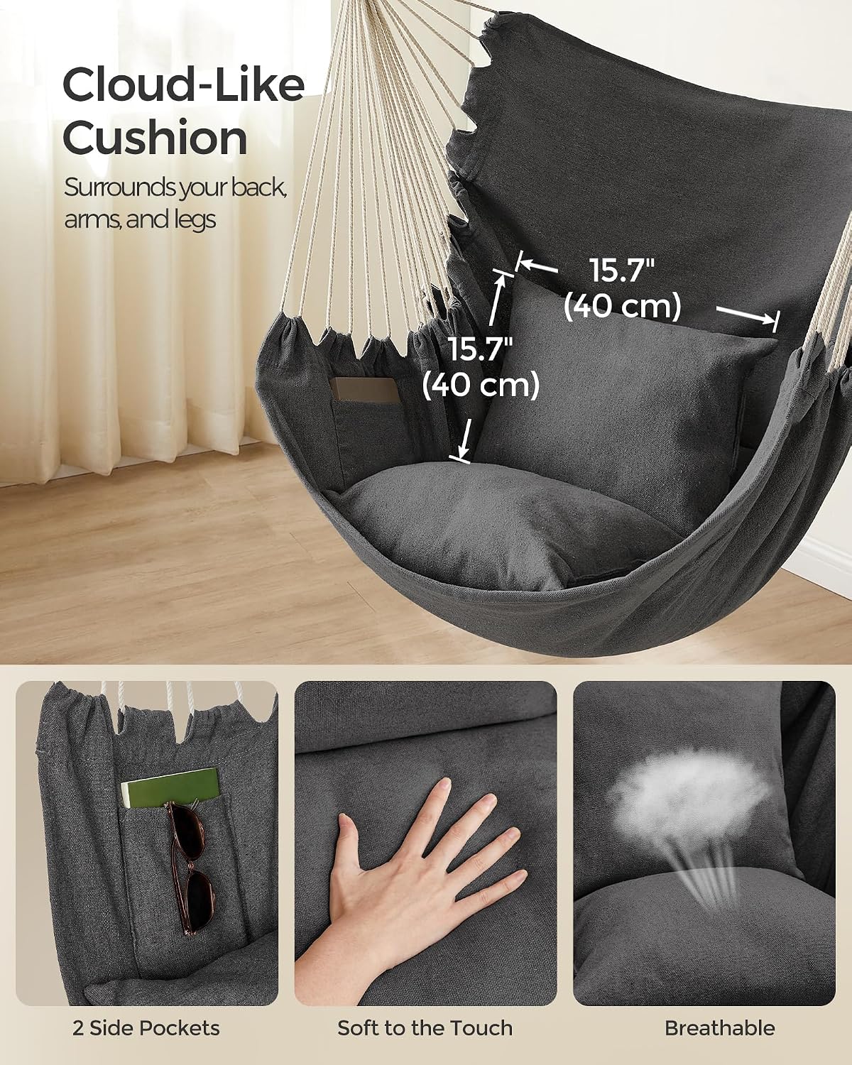 SONGMICS Hammock Chair, Load Capacity 330.7 lb, with 2 Cushions and Pockets