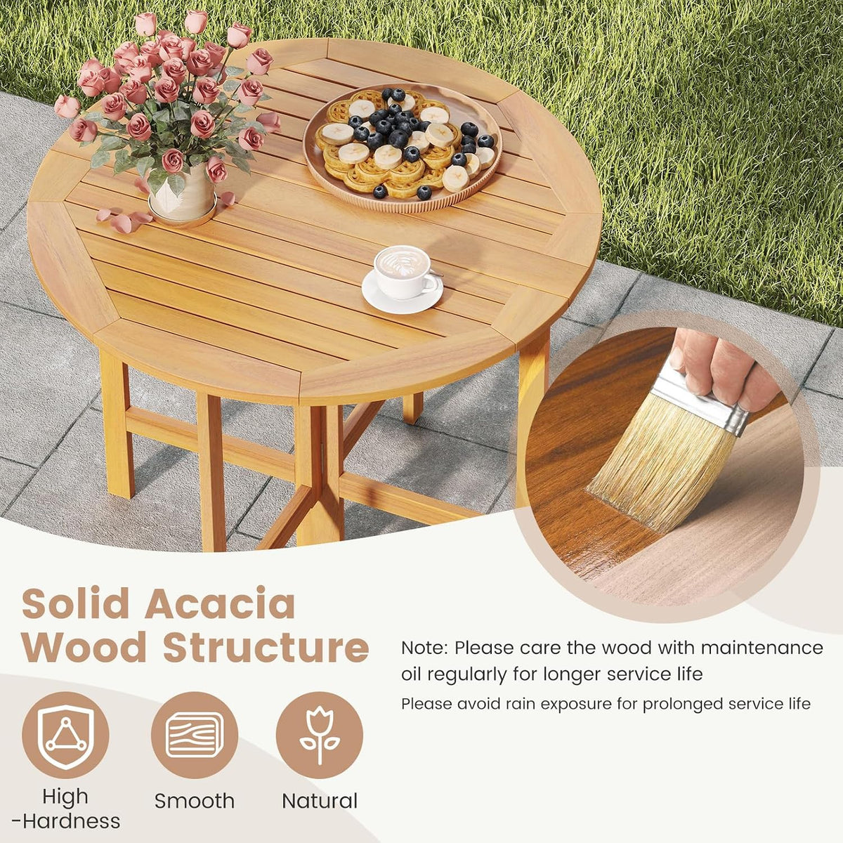 Tangkula 36 Inches Outdoor Folding Round Dining Table, No Assembly Patio Acacia Wood Bistro Table with Slatted Tabletop, 4-Person Outside Dining Furniture for Backyard, Porch, Balcony