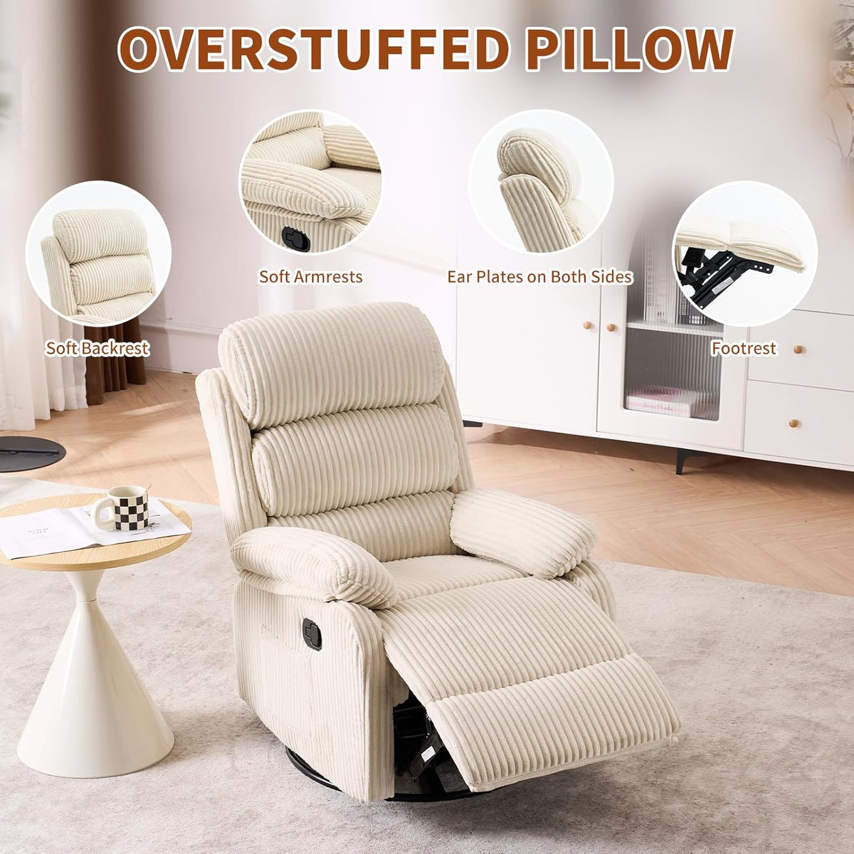 Adult 360° Rocking Recliner Chair，Nursery Rocker Reclining Chair with Side Pocket, a Comfy upholstered Single Sofa Armchair. Suitable for Living Room, Bedroom Nursing use, Velvet Fabric in Beige