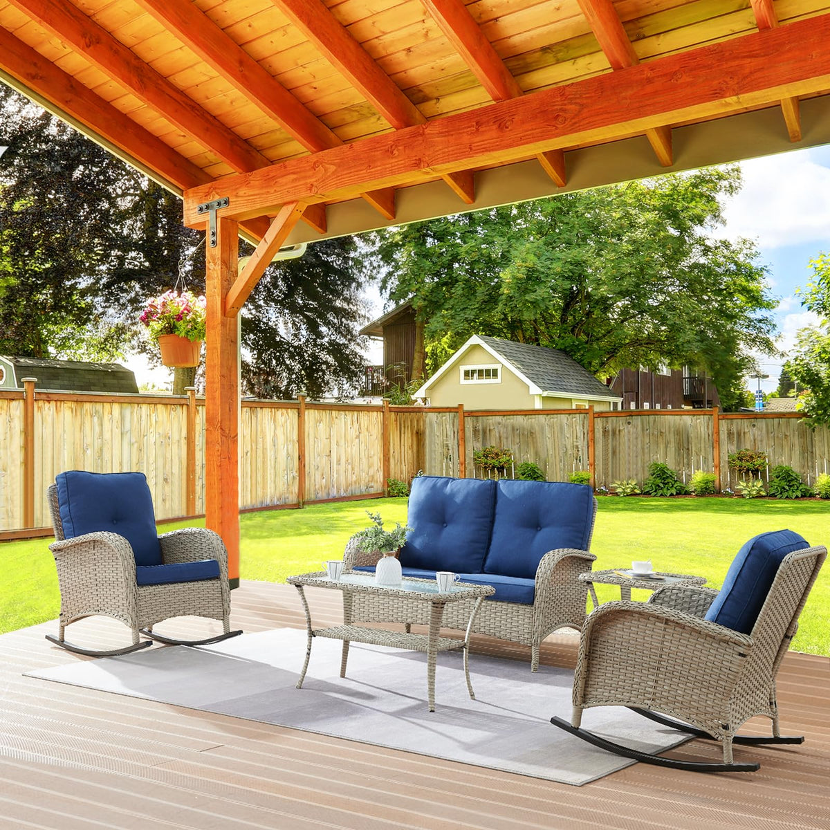 Belord Patio Rocking Chair Wicker Chair, 1 Piece Outdoor Rocking Chair Seating with Cushions for Porch Deck Balcony, Brown/Blue