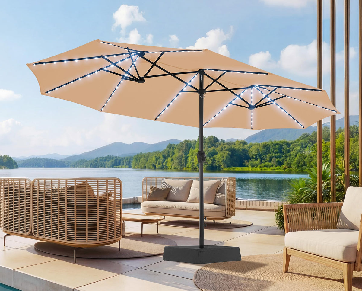 SUPERJARE 15ft Large Patio Umbrella with Base included, Double Sided Outdoor Umbrella with Solar Lights, Pool Umbrella with Fade Resistant Canopy for Deck, Porch, Yard, Balcony, Beige
