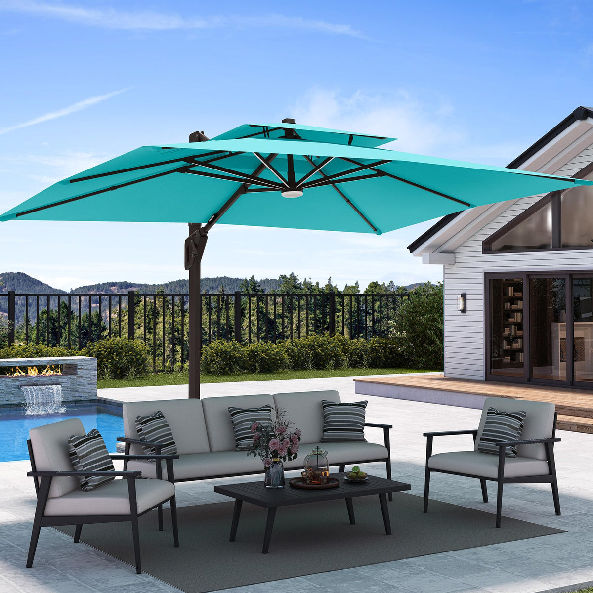 Deconk 9' X 12' Patio Cantilever Outdoor Umbrella with Base and LED Lights