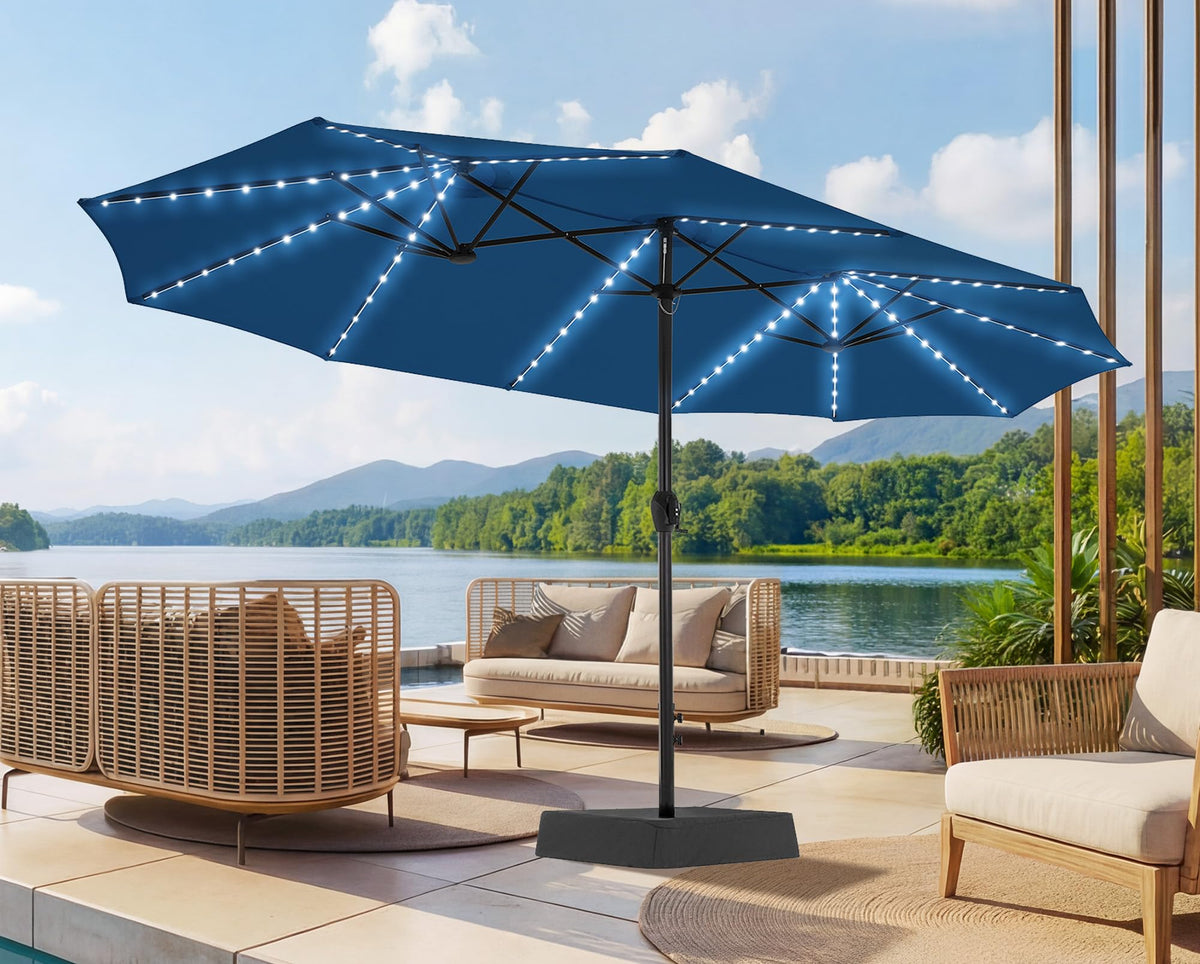 SUPERJARE 15ft Large Patio Umbrella with Base included, Double Sided Outdoor Umbrella with Solar Lights, Pool Umbrella with Fade Resistant Canopy for Deck, Porch, Yard, Balcony, Beige