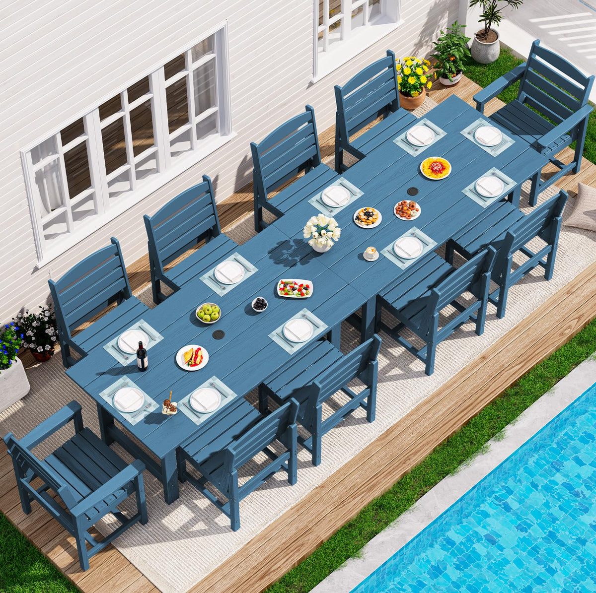 SERWALL 7 Pcs Outdoor Dining Set, 67" HDPE Dining Set for 6, Black