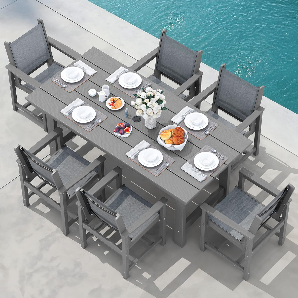 SERWALL 7 Pcs Outdoor Dining Set, 67" HDPE Dining Set for 6, Black